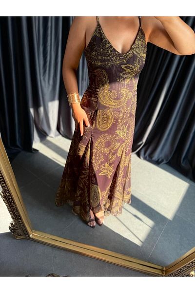 BÜŞRA PERKER Bitter coffee strap shawl pattern chiffon dress