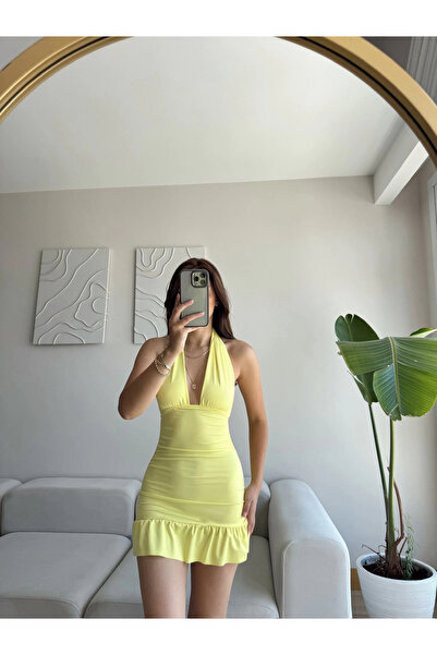 Zoom Butik Halter Yaka Fırfırlı Elbise - SARI