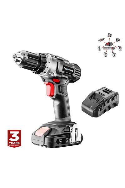 graphite Drill, screwdriver (drill), with 2 Ah battery, charger, 18 V Li-ion, 0.0 chuck.