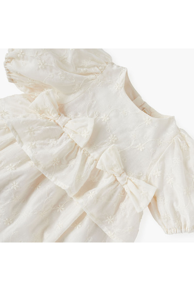 giggles Floral Embroidered Romper with Bow Applique and Short Sleeves