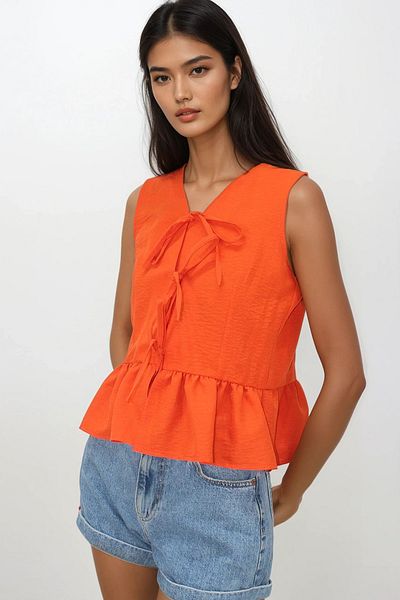 VAGGON Orange V-Neck Bow Detailed Skirt Flounced Aerobin Blouse