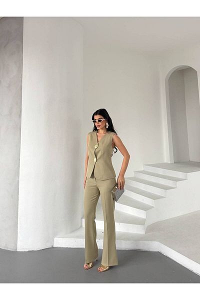 STMT BUTİK Women's Gold Button Detailed Blazer Vest and Trousers Set – New Season123