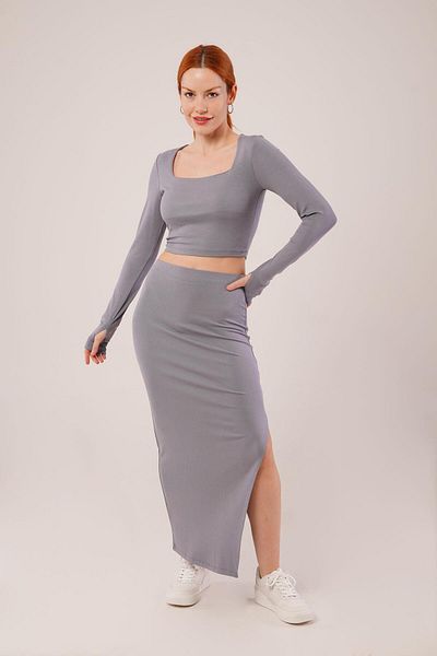 Silerra Square Collar Blouse and Slit Detailed Skirt Double Gray Set