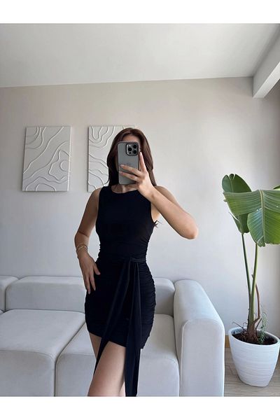 Zoom Butik Belted Sandy Dress - Black