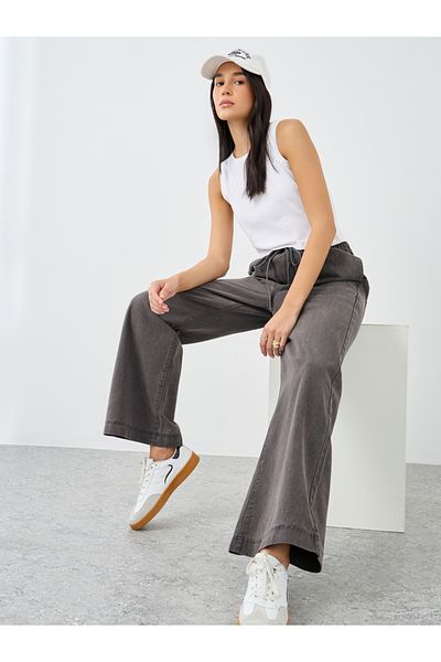 Styli Elasticated Waistband Wide Leg Jeans with Drawstring