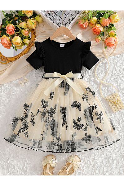 Take Two By Styli Round Neck Bow Detail Ruffle Hem Mesh Knee Length Dress