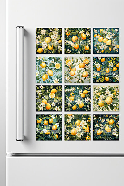 giftkonsept Limon ve Yapraklar Vintage Baskılı Dekoratif Buzdolabı Süsü 12'li...