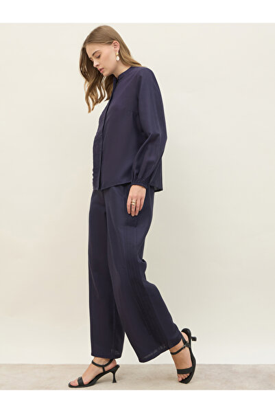 Styli Navy Blue Pintuck Detail Slub Shirt and Pants Co-Ords