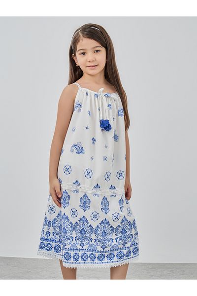 Styli Girls Printed Strappy A-Line Dress with Bow Detail