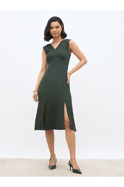 Styli Women Self Design V Neck A-Line Midi Dress with Slit Detail