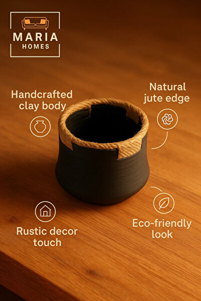 MARIA HOMES Rustic Black Ceramic Pot with Natural Jute Wrap – Small Decorative Accent