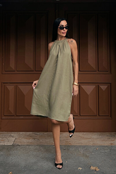 Fav Style Women's Halter Neck Sleeveless Pocket Linen Woven Short Dress Khaki