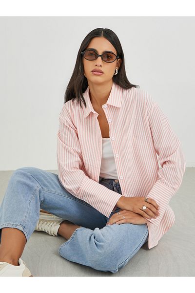 Styli Striped Spread Collar Long Sleeve Shirt