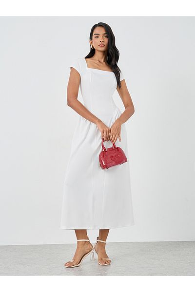 Styli Solid Square Neck Short Sleeve Midi Dress