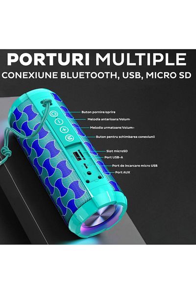 REDz Accessories Boxă portabilă KSC-609, BT 5.0 + USB, LED colorat, autonomie baterie 4 ore, verde și albastru