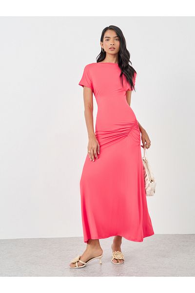 Styli Solid Short Sleeve Maxi Dress with Gathered Detail