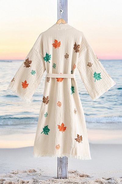 VAROL Organic 100% Cotton Kimono Collar Sabali Bathrobe Beach Dress - Fall - L/XL