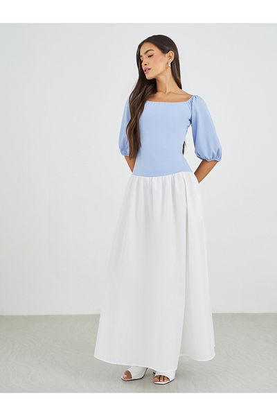 Styli Color Block Balloon Sleeve A-Line Maxi Dress