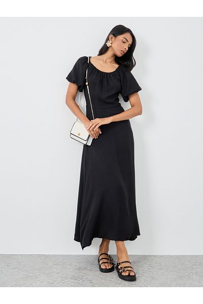 Styli Solid Puff Sleeves Round Neck Midi Dress