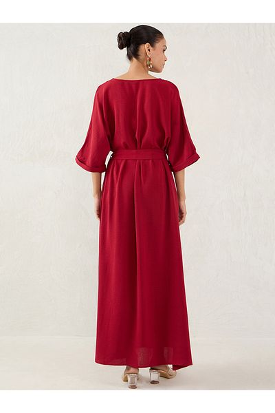 Femmella By Styli Maroon Solid V Neck A-Line Maxi Dress with Side Slit