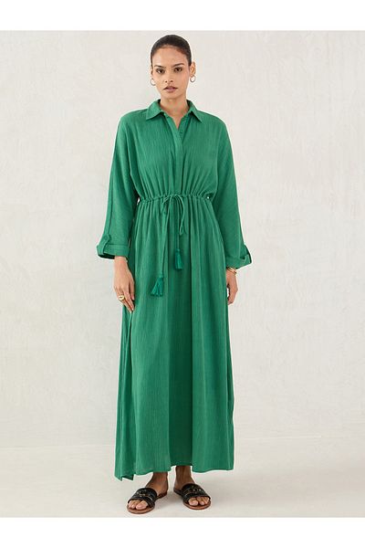 Femmella By Styli Green Crinkled Collared A-Line Maxi Dress with Drawstring Waist
