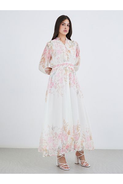 Styli Floral Print Cuffed Sleeves A-Line Maxi Dress