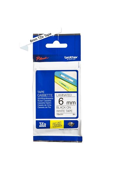 Brother Tape Black on White 6mm, TZE-211