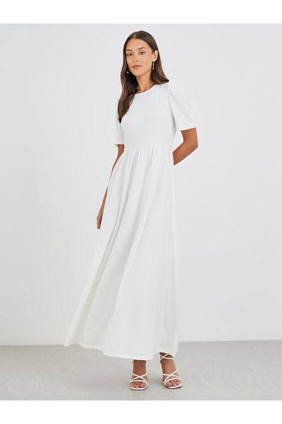 Styli Solid Puff Sleeves A-Line Maxi Dress with Gathers