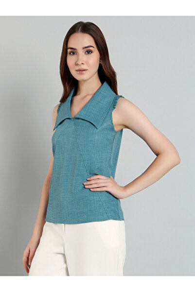 Mish By Styli Women Blue Plain Sleeveless Top with Wide Collar