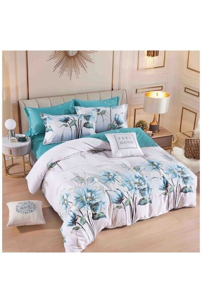 JOJO HOME Double bed linen set, turquoise floral, 6 pieces, for 2 people, 180x200cm, Superior