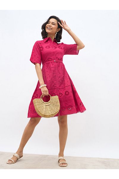 Styli Schiffli Short Sleeves Shirt Mini Dress