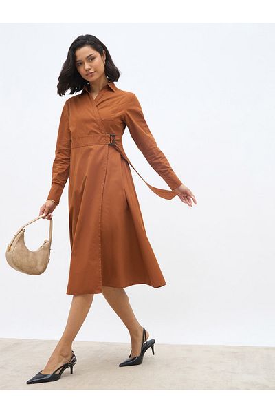 Styli Women Brown Solid Long Sleeve Wrap Midi Dress with Belt Detail