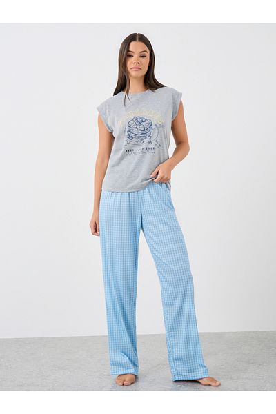 Styli Pancake Graphic Print Tank and Gingham Checked Pyjama Set