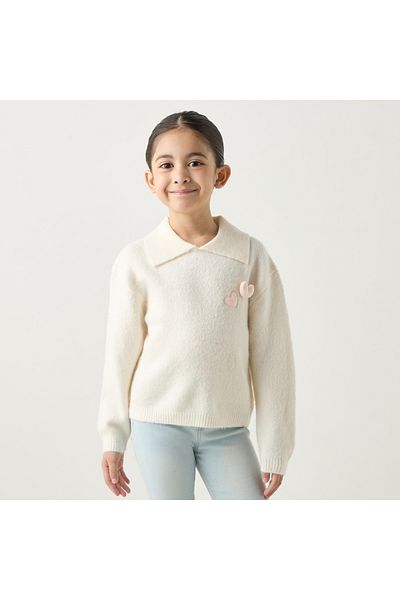 Juniors Heart Applique Sweater with Collared Neckline and Long Sleeves