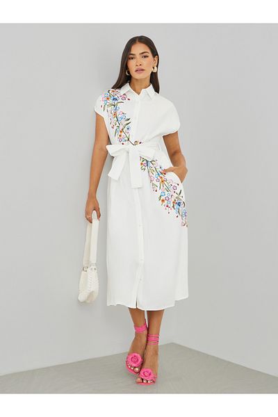 Styli Floral Print Spread Collar Shirt Midi Dress with Belt