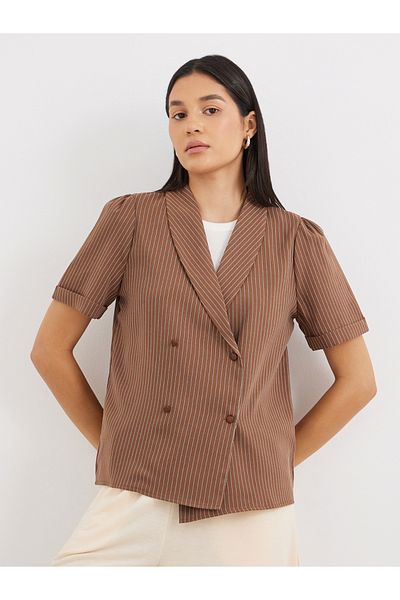 Styli Striped Lapel Collar Short Sleeve Wrap Blazer
