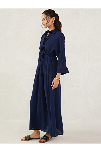 Femmella By Styli Blue Crinkled Collared A-Line Maxi Dress with Drawstring Waist