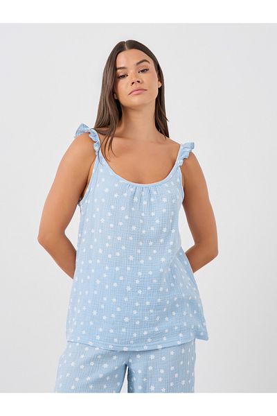 Styli All-Over Daisy Print Cotton Gauze Ruffle Shoulder Cami and Pyjama Set