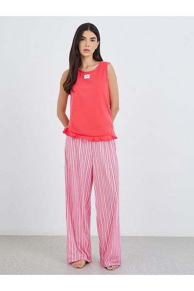 Styli Women Coral Patch Detail Tank and Striped Placket Detail Pyjama Set
