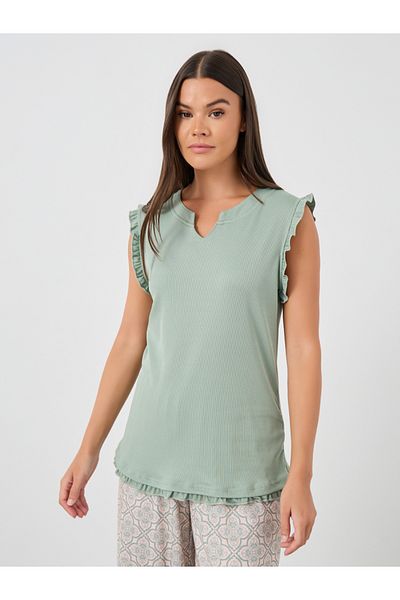 Styli Ribbed Notch Neck Ruffle Trim Tank and Printed Pyjama Set