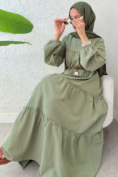 Salih Çelebi Layered Detailed Dress 2355 - Khaki