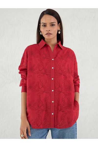 Femmella By Styli Red Embroidered Cotton Longline Shirt