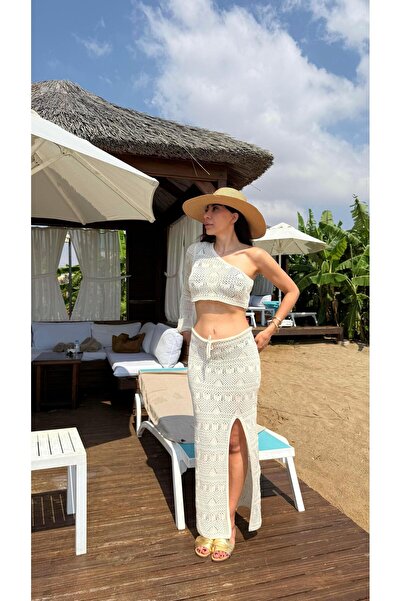 Gaus Ekru Tek Kol Bluz Etek Ajurlu Takım Gaus00657