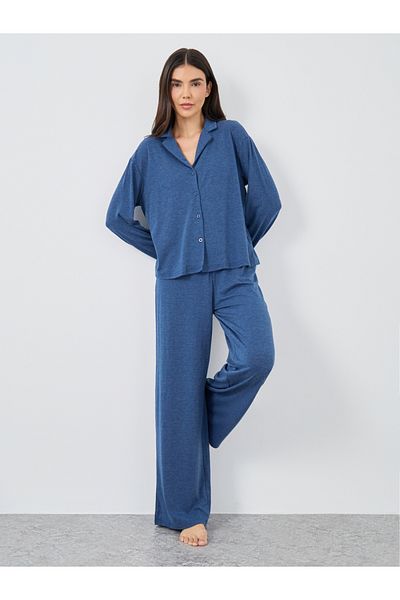 Styli Women Navy Blue Melange Shirt and Wide Leg Pyjama Set