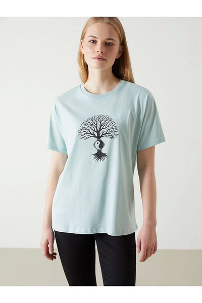 LC Waikiki Γυναικείο μπλουζάκι LCW Vision Turquoise Crew Neck με στάμπα