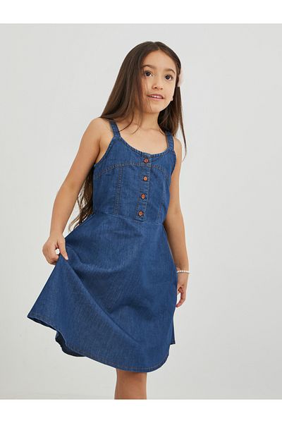 Styli Girls Blue Solid Denim A-Line Dress with Button Front