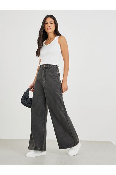 Styli Acid Wash Mid Rise Wide Leg Jeans