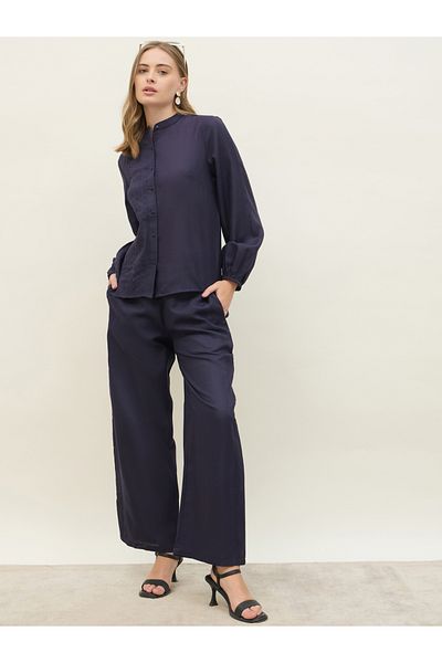 Styli Navy Blue Pintuck Detail Slub Shirt and Pants Co-Ords