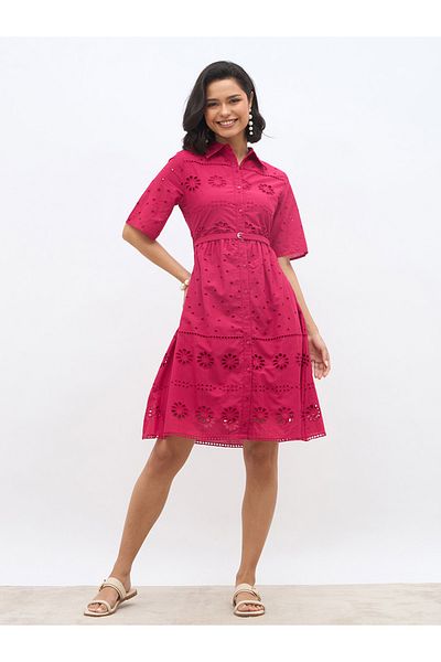 Styli Schiffli Short Sleeves Shirt Mini Dress