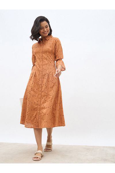 Styli Schiffli 3/4 Sleeve Shirt Midi Dress